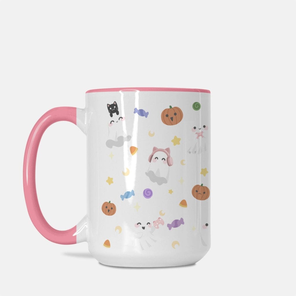 Gamer Ghosts Mug | Deluxe 15oz. (Pink + White) | Fall Halloween Mugs Threads & Thistles Inventory 