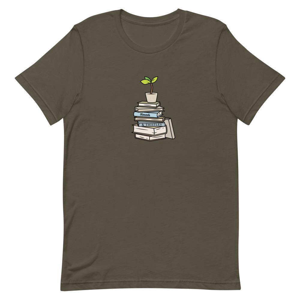 Books & Sapling | Short-Sleeve Unisex T-Shirt | Animal Crossing Threads and Thistles Inventory Army S 