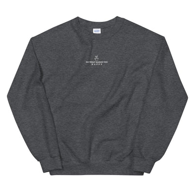 Happy | Embroidered Unisex Sweatshirt | Animal Crossing Threads and Thistles Inventory Dark Heather S 