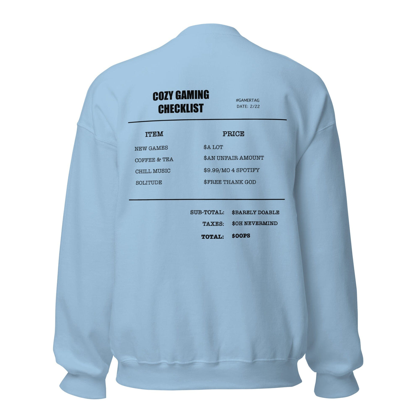 Cozy Gamer Checklist | Unisex Sweatshirt | Cozy Gamer Threads & Thistles Inventory Light Blue S 