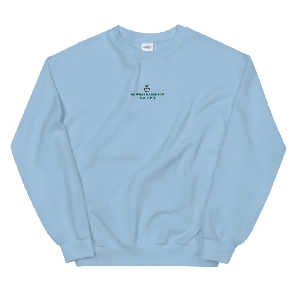 Happy | Embroidered Unisex Sweatshirt | Animal Crossing Threads and Thistles Inventory Light Blue S 