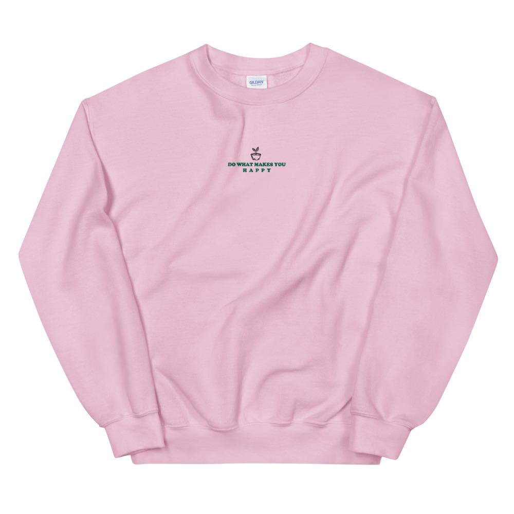 Happy | Embroidered Unisex Sweatshirt | Animal Crossing Threads and Thistles Inventory Light Pink S 