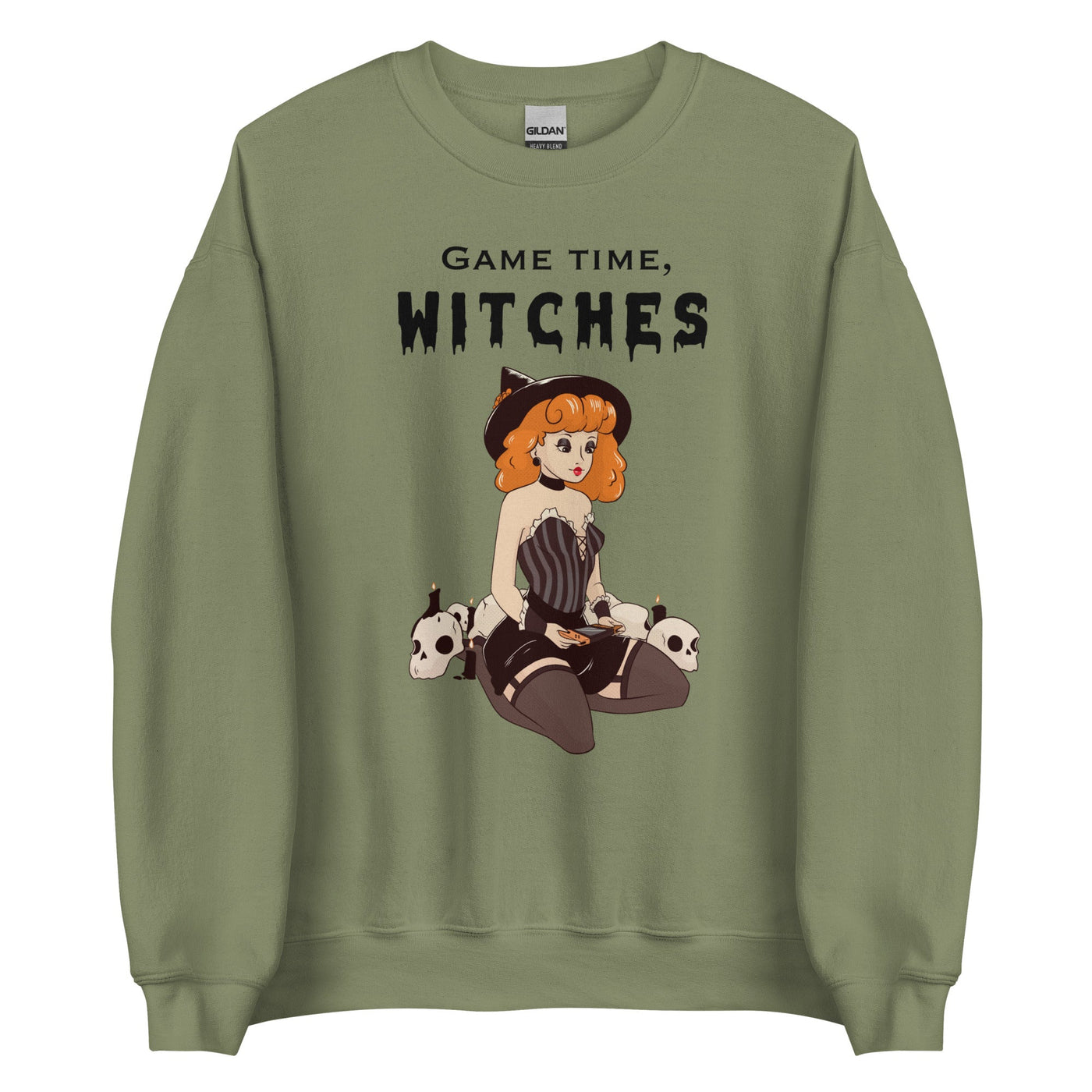 Game Time, Witches | Fall Unisex Sweatshirt Threads & Thistles Inventory Military Green S 