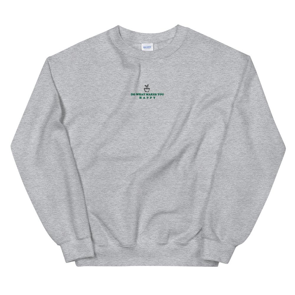 Happy | Embroidered Unisex Sweatshirt | Animal Crossing Threads and Thistles Inventory Sport Grey S 