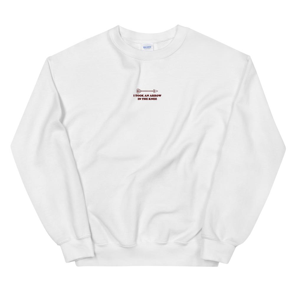 Arrow in the Knee | Embroidered Unisex Sweatshirt | Skyrim Threads and Thistles Inventory White S 