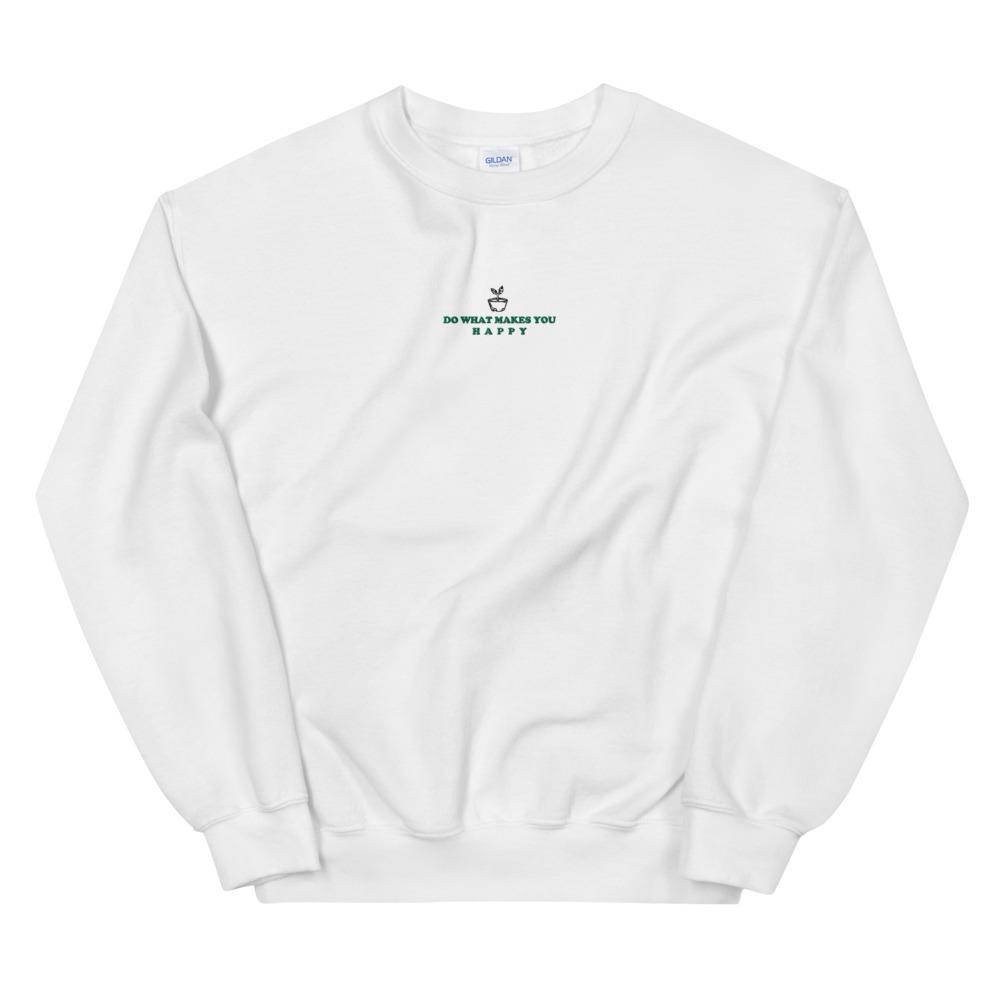 Happy | Embroidered Unisex Sweatshirt | Animal Crossing Threads and Thistles Inventory White S 