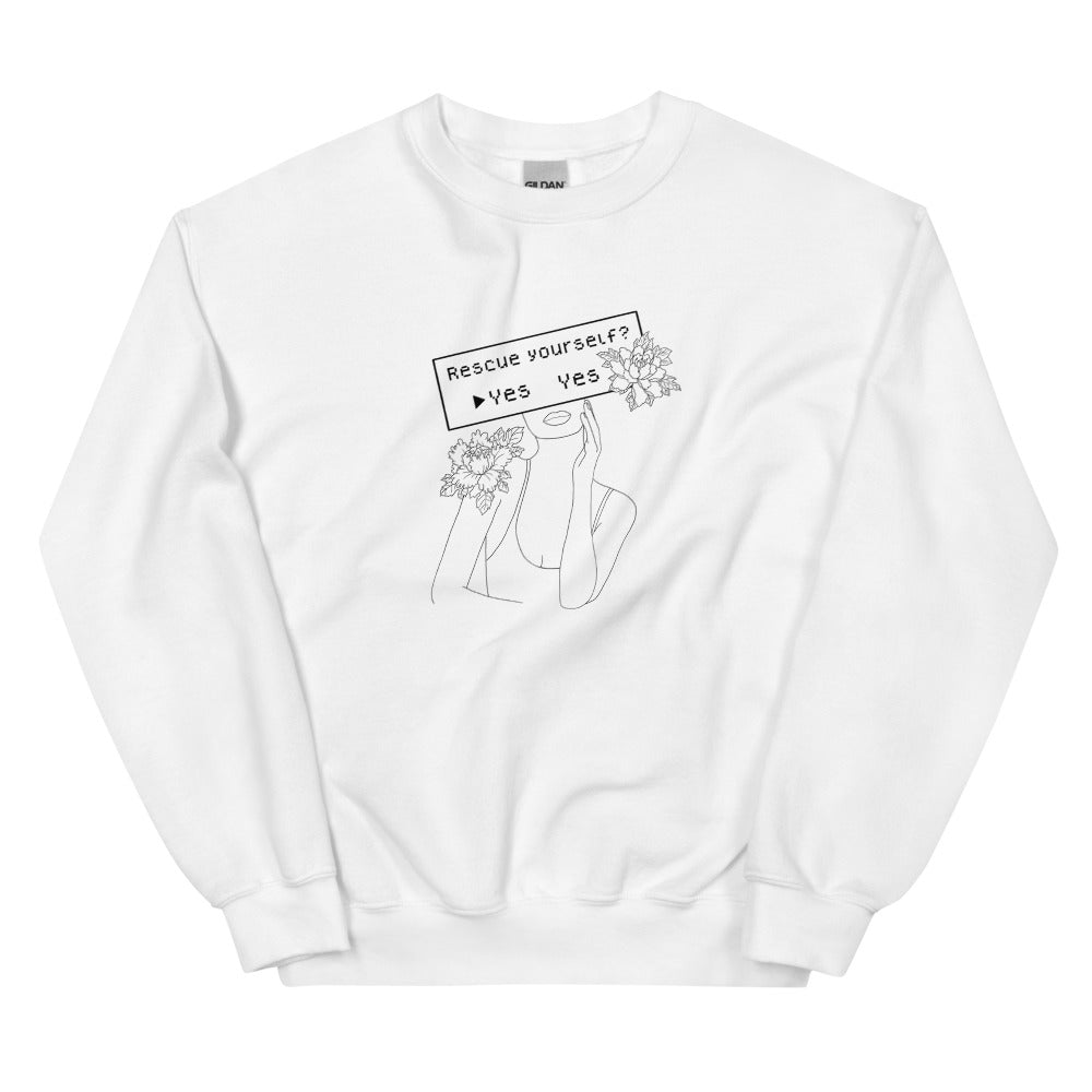 Rescue Yourself? | Unisex Sweatshirt | Feminist Gamer Threads and Thistles Inventory White S 