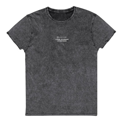 Arrow in the Knee | Embroidered Denim T-Shirt | Skyrim Threads and Thistles Inventory Black S 