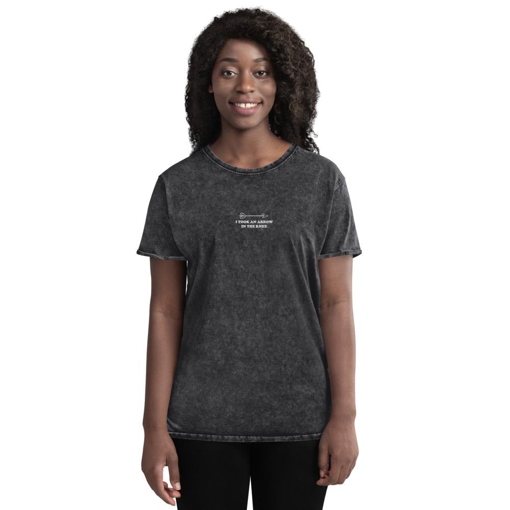 Arrow in the Knee | Embroidered Denim T-Shirt | Skyrim Threads and Thistles Inventory 