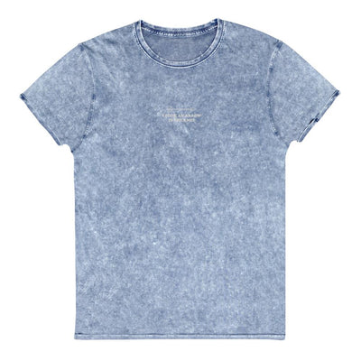 Arrow in the Knee | Embroidered Denim T-Shirt | Skyrim Threads and Thistles Inventory Denim Blue S 