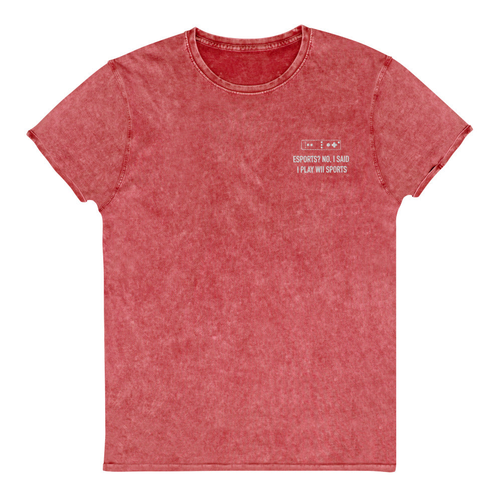 Wii Sports | Embroidered Denim T-Shirt | Feminist Gamer Threads and Thistles Inventory Garnet Red S 