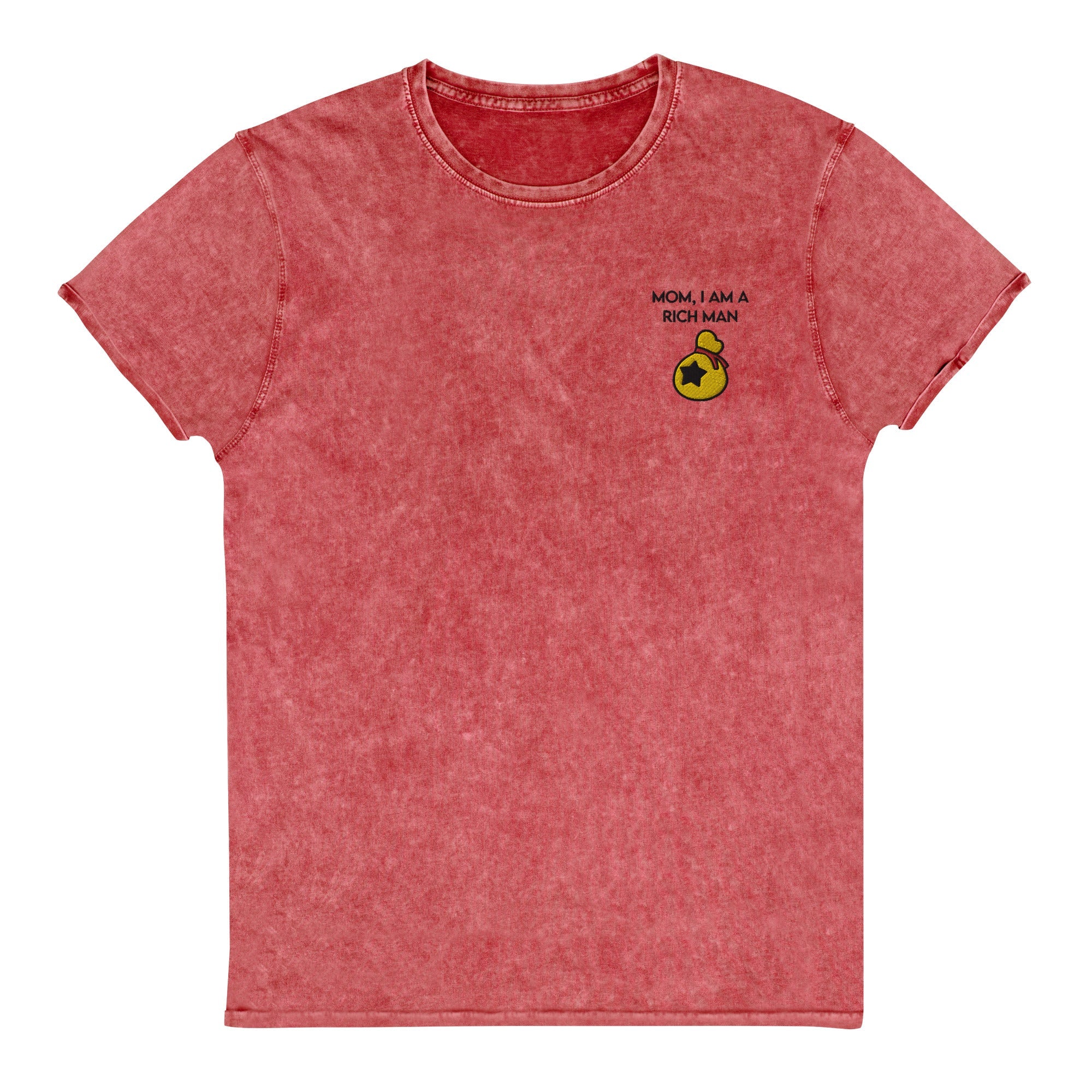 I Am a Rich Man |Embroidered Denim T-Shirt | Animal Crossing Threads and Thistles Inventory Garnet Red S 