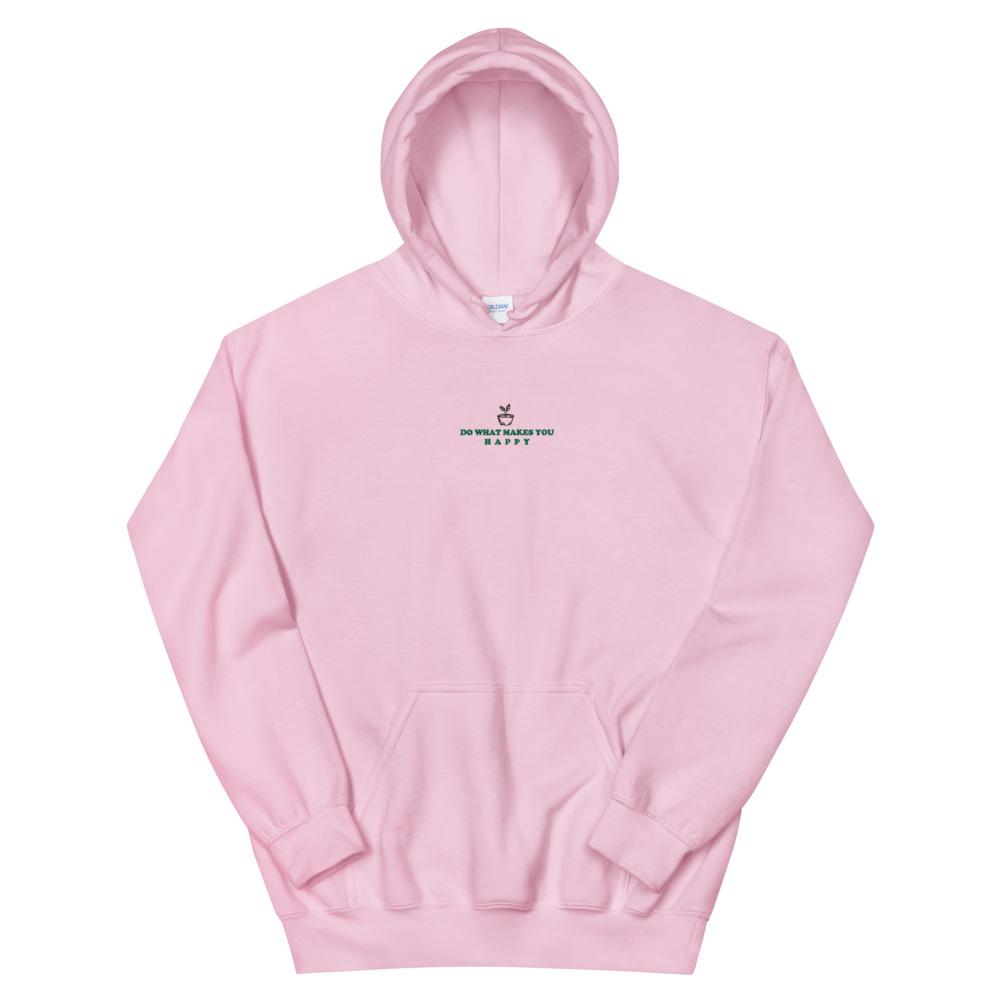 Happy | Embroidered Unisex Hoodie | Animal Crossing Threads and Thistles Inventory Light Pink S 