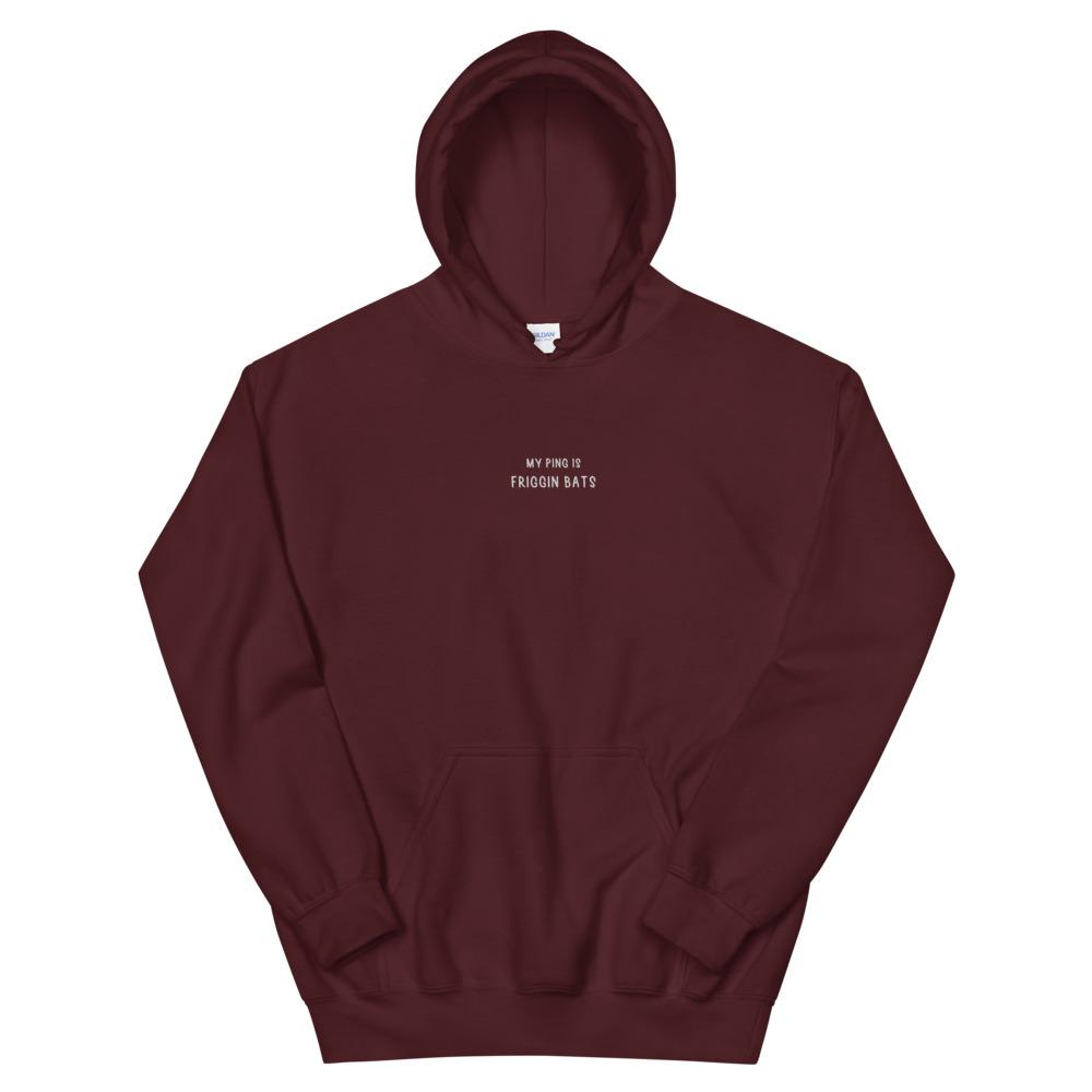 My Ping is Friggin Bats | Embroidered Unisex Hoodie Threads and Thistles Inventory Maroon S 