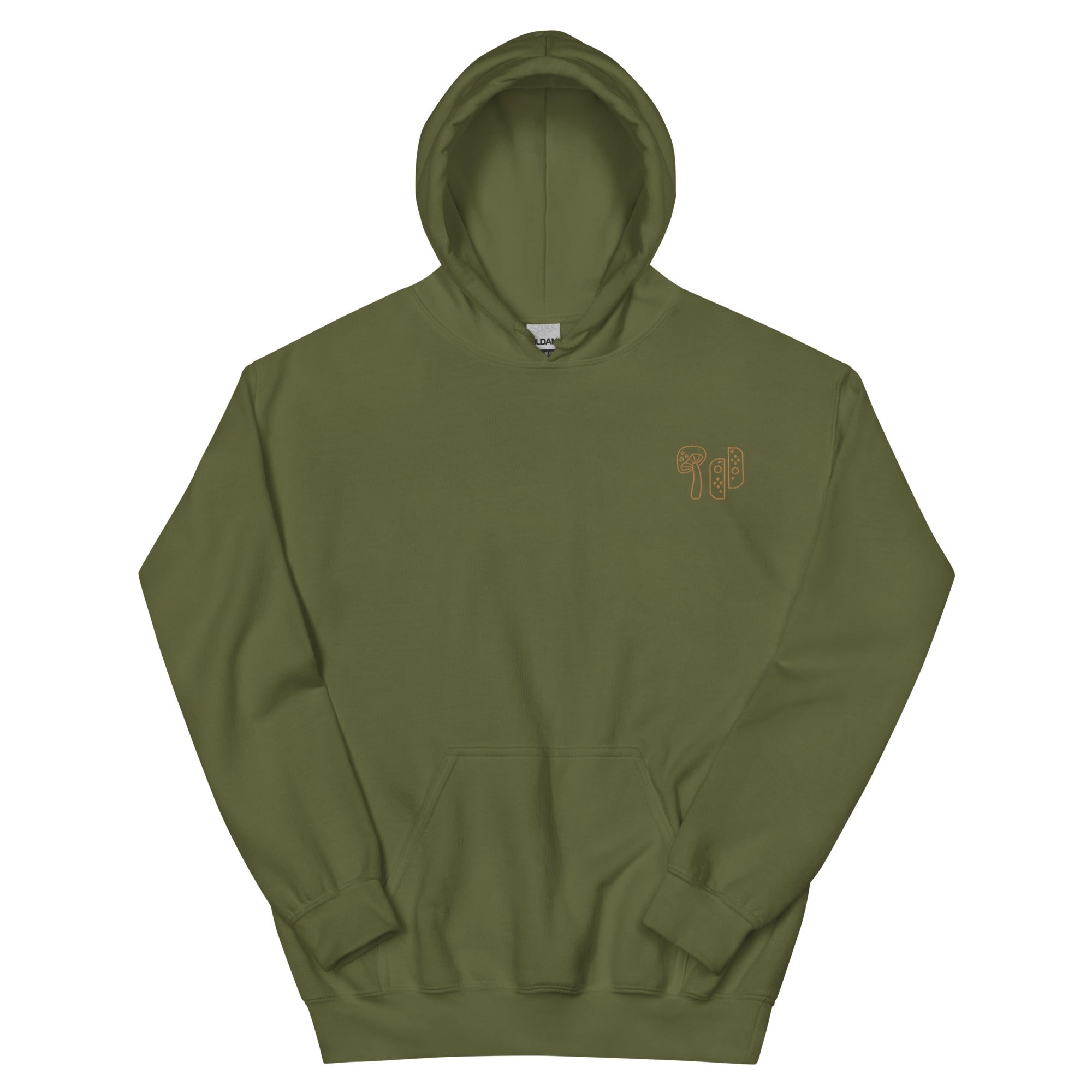 Mushroom & Switch | Embroidered Unisex Hoodie | Cozy Gamer Threads and Thistles Inventory Military Green S 