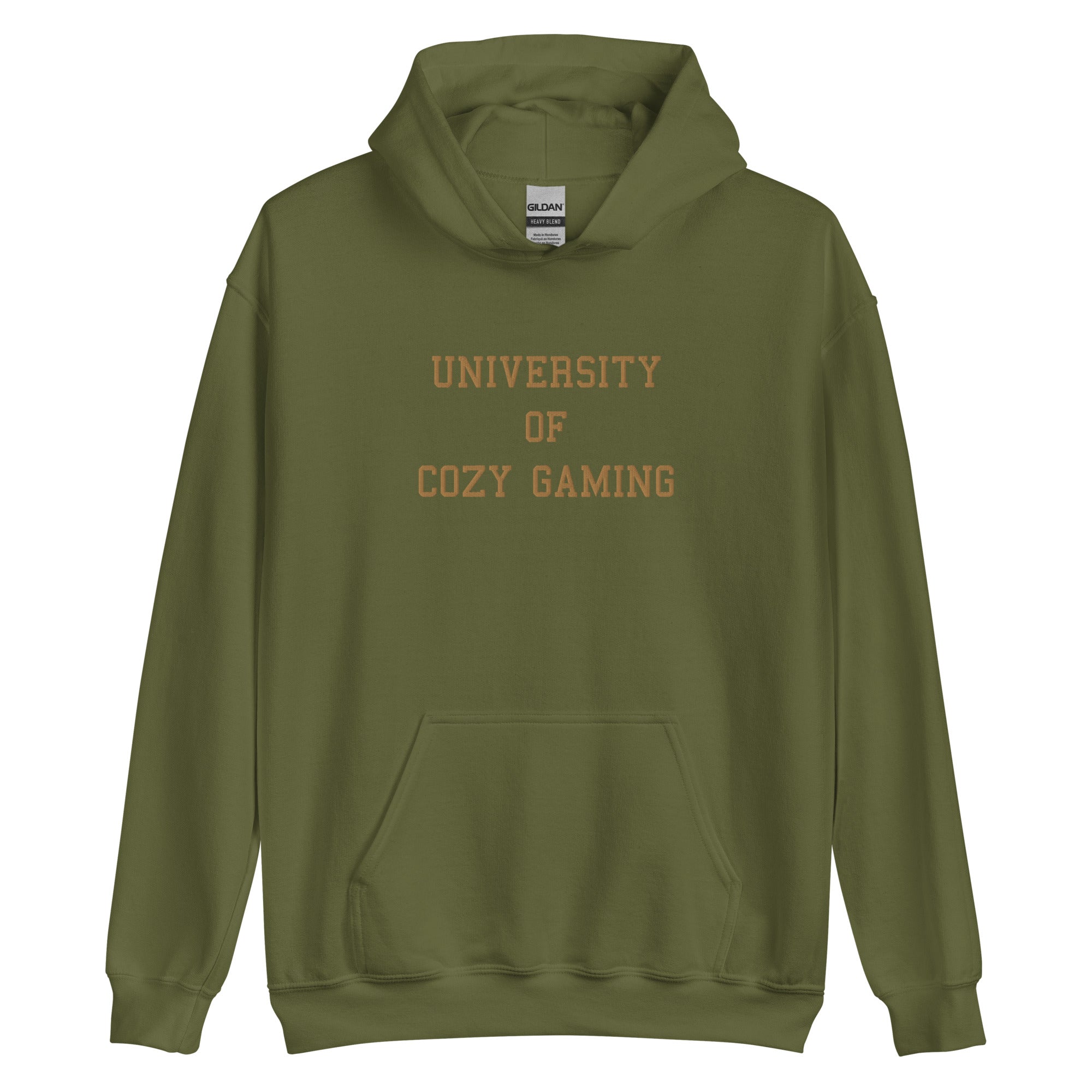 University of Cozy Gaming | Embroidered Unisex Hoodie | Cozy Gamer Threads and Thistles Inventory Military Green S 