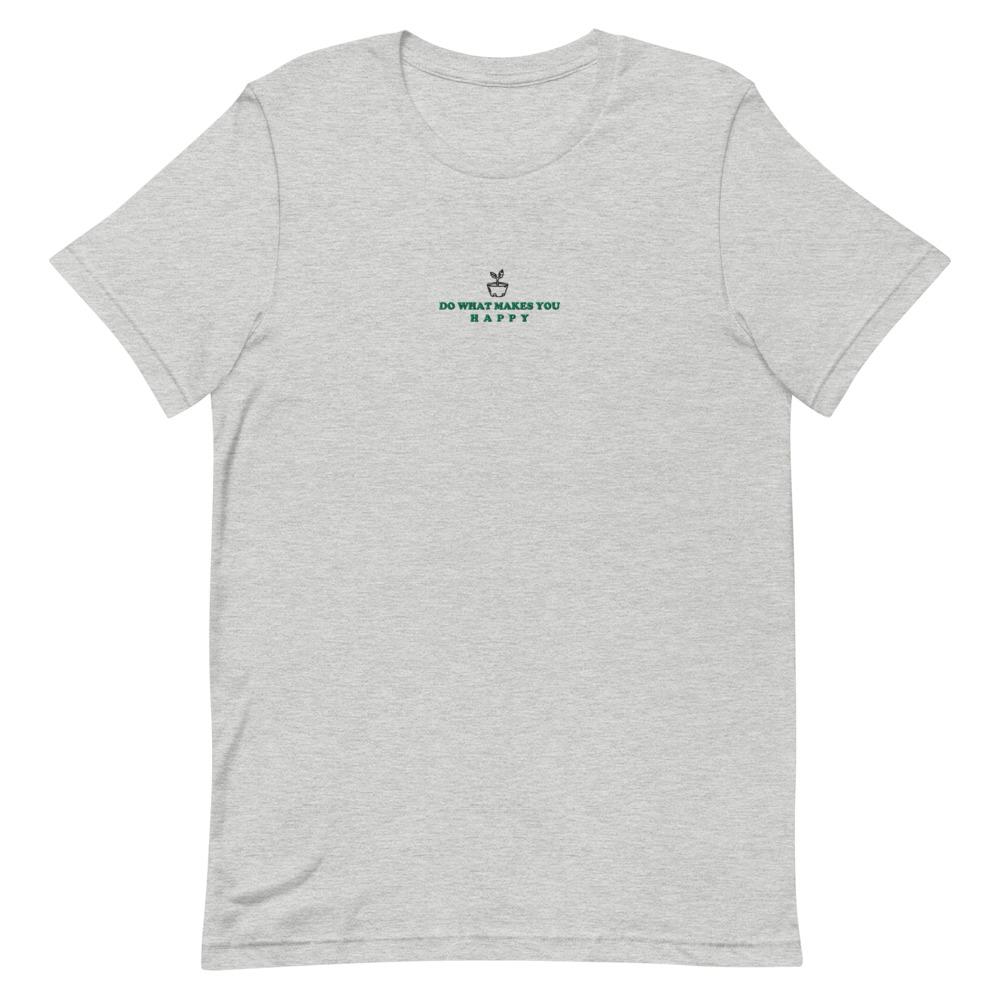 Happy | Embroidered Short-Sleeve Unisex T-Shirt | Animal Crossing Threads and Thistles Inventory Athletic Heather S 