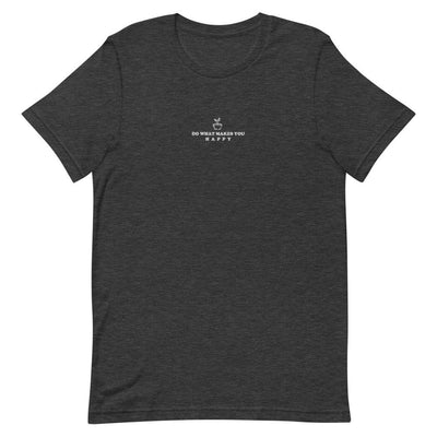 Happy | Embroidered Short-Sleeve Unisex T-Shirt | Animal Crossing Threads and Thistles Inventory Dark Grey Heather S 