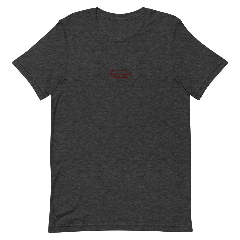 Arrow in the Knee | Embroidered Short-Sleeve Unisex T-Shirt | Skyrim Threads and Thistles Inventory Dark Grey Heather S 