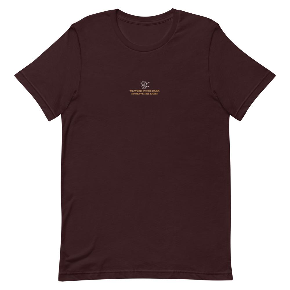 Serve the Light | Embroidered Short-Sleeve Unisex T-Shirt | Assassin's Creed Threads and Thistles Inventory Oxblood Black S 