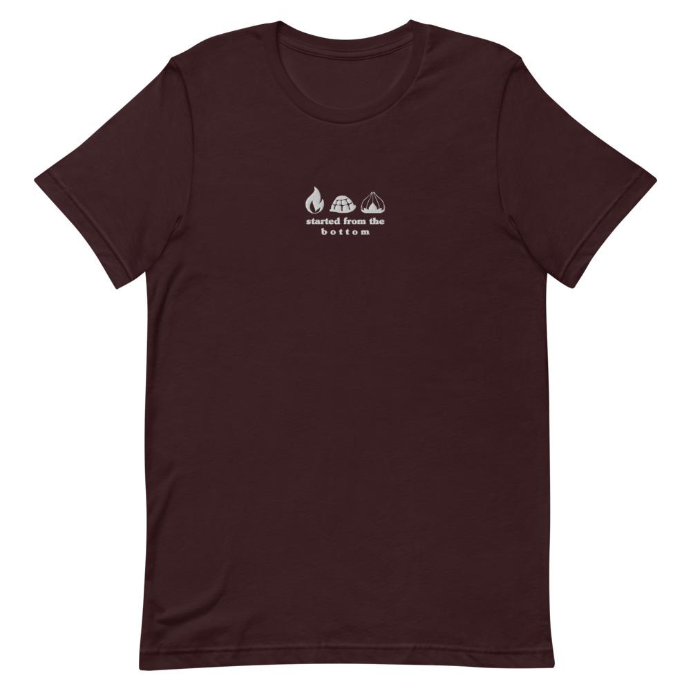 Started from the Bottom | Embroidered Short-Sleeve Unisex T-Shirt | Pokemon Threads and Thistles Inventory Oxblood Black S 