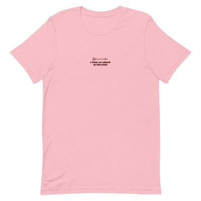 Arrow in the Knee | Embroidered Short-Sleeve Unisex T-Shirt | Skyrim Threads and Thistles Inventory Pink S 