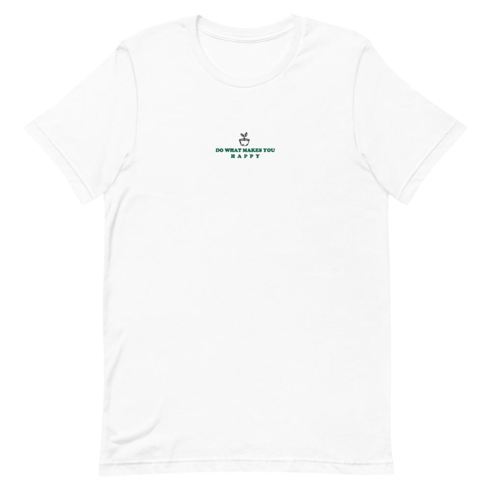 Happy | Embroidered Short-Sleeve Unisex T-Shirt | Animal Crossing Threads and Thistles Inventory White S 