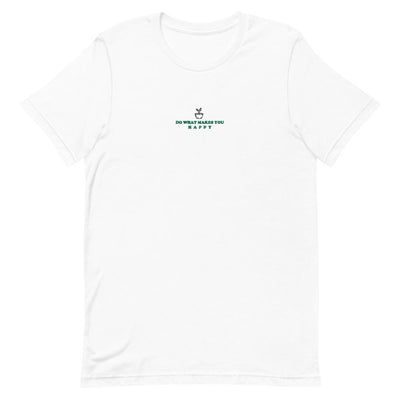 Happy | Embroidered Short-Sleeve Unisex T-Shirt | Animal Crossing Threads and Thistles Inventory White S 