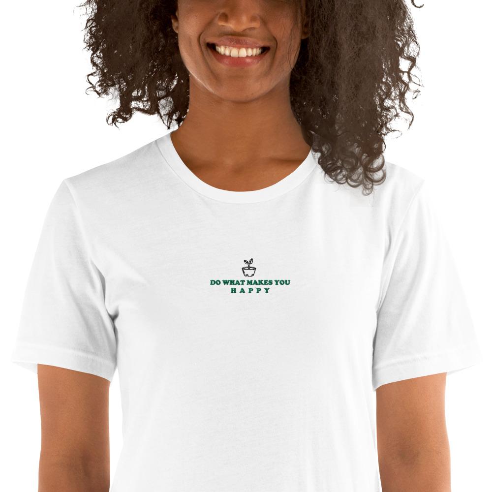Happy | Embroidered Short-Sleeve Unisex T-Shirt | Animal Crossing Threads and Thistles Inventory 