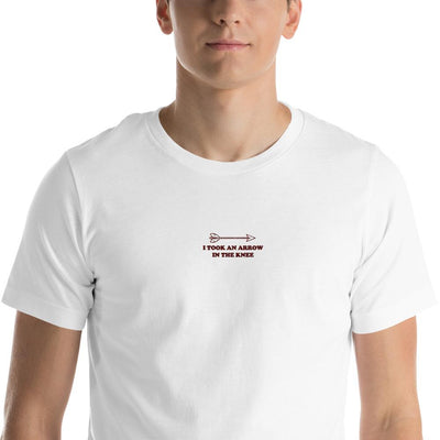 Arrow in the Knee | Embroidered Short-Sleeve Unisex T-Shirt | Skyrim Threads and Thistles Inventory 