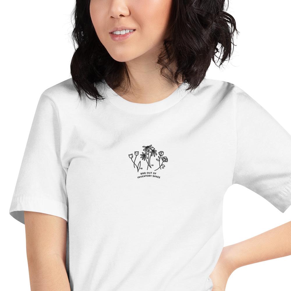 BRB Out of Inventory Space | Embroidered Short-Sleeve Unisex T-Shirt | Animal Crossing Threads and Thistles Inventory 