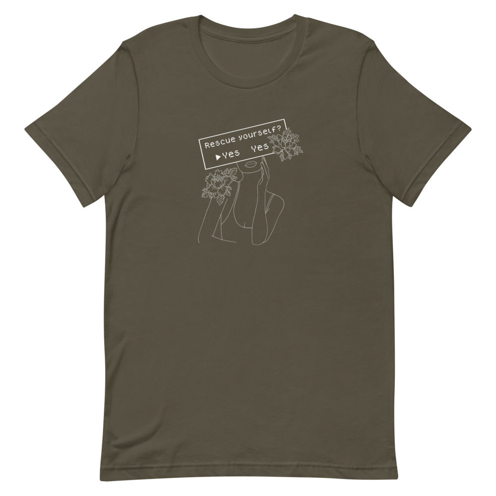 Rescue Yourself? | Short-sleeve unisex t-shirt | Feminist Gamer Threads and Thistles Inventory Army S 