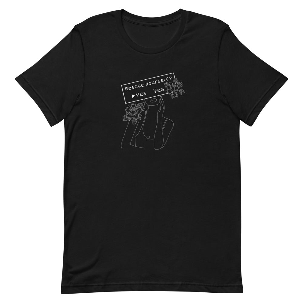 Rescue Yourself? | Short-sleeve unisex t-shirt | Feminist Gamer Threads and Thistles Inventory Black XS 