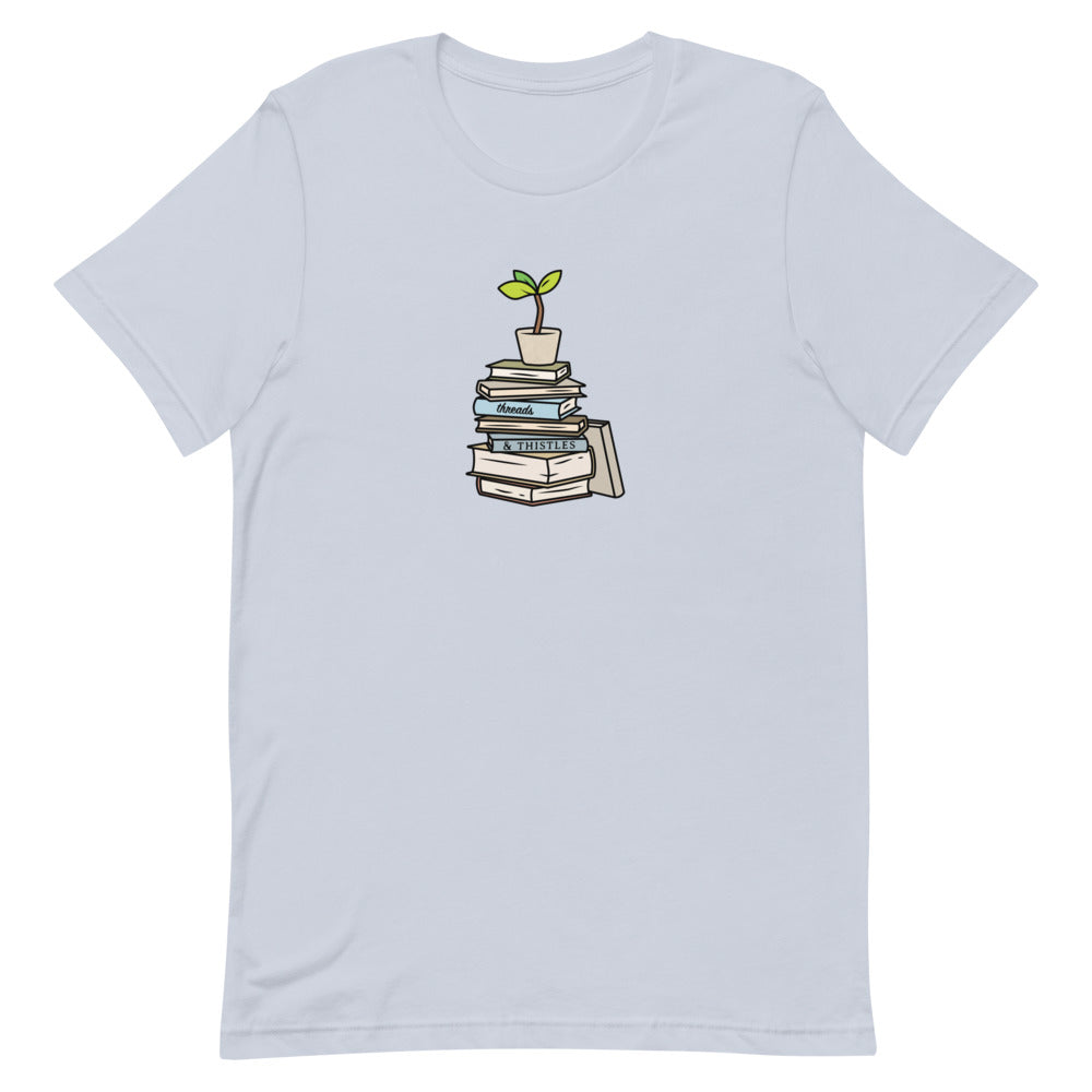 Books & Sapling | Short-Sleeve Unisex T-Shirt | Animal Crossing Threads and Thistles Inventory Light Blue XS 