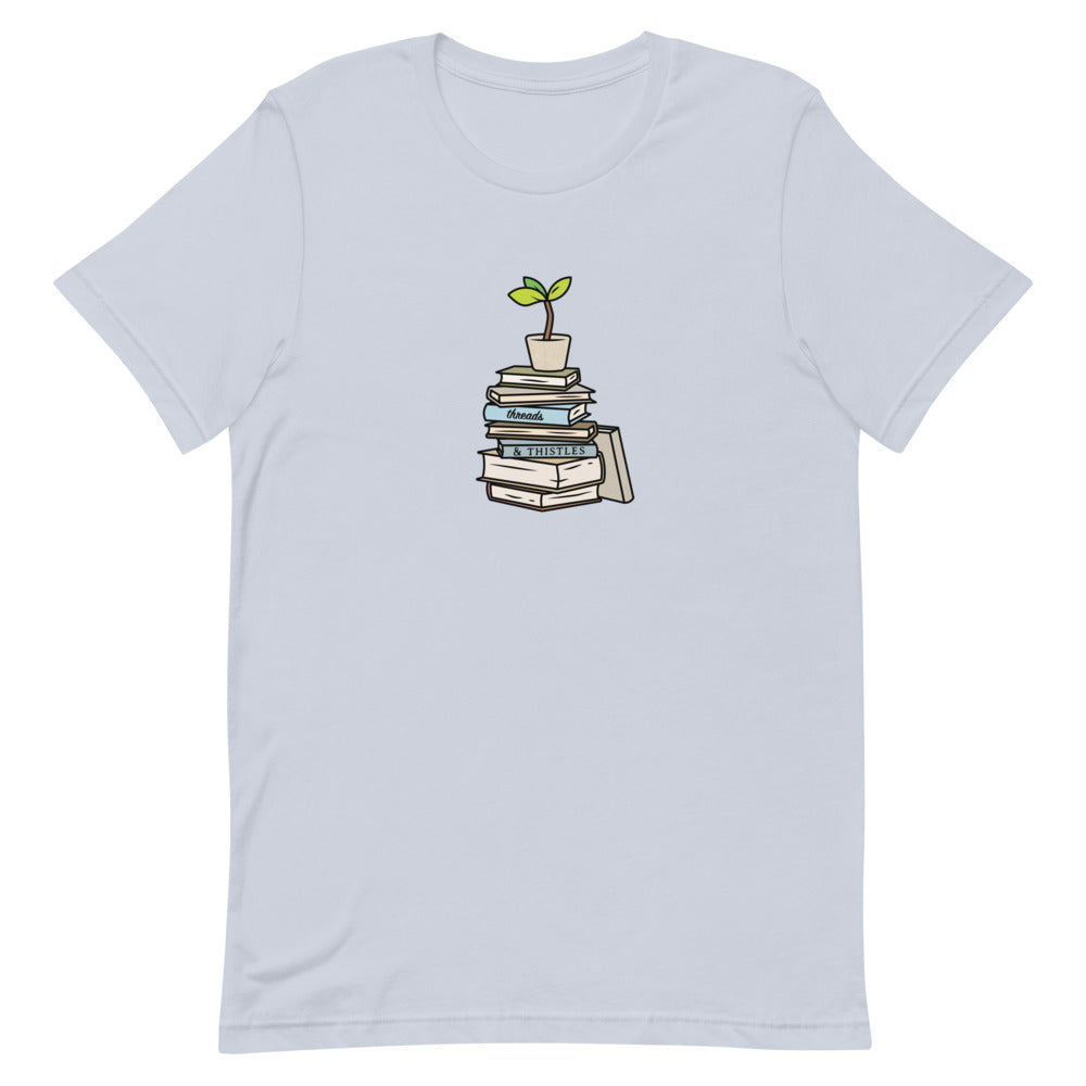 Books & Sapling | Short-Sleeve Unisex T-Shirt | Animal Crossing Threads and Thistles Inventory Light Blue S 