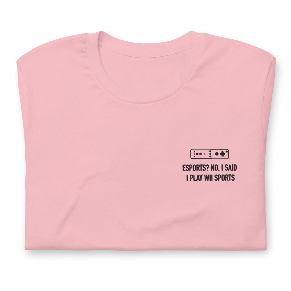 Wii Sports | Embroidered Short-sleeve unisex t-shirt | Feminist Gamer Threads and Thistles Inventory Pink S 