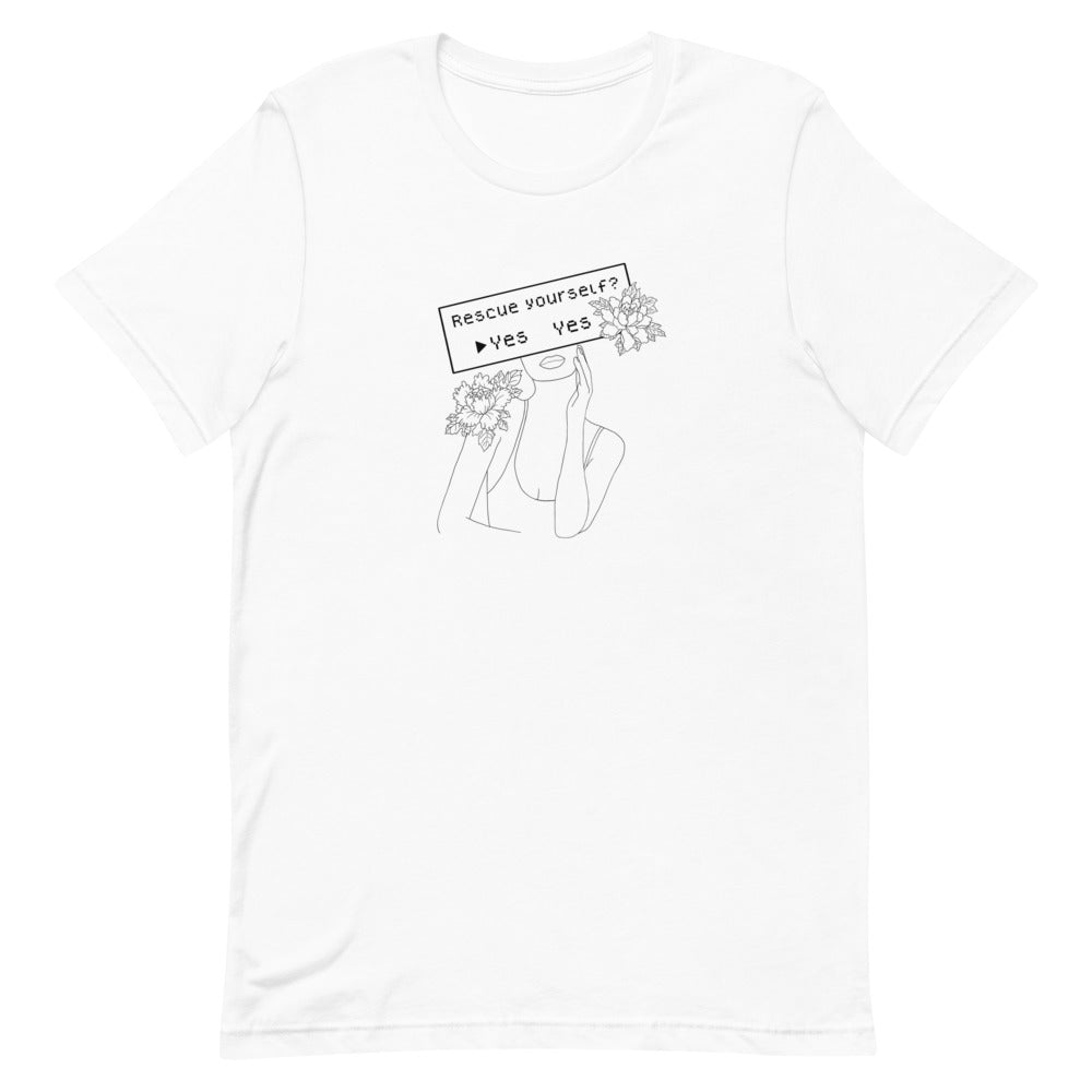 Rescue Yourself? | Short-sleeve unisex t-shirt | Feminist Gamer Threads and Thistles Inventory White XS 