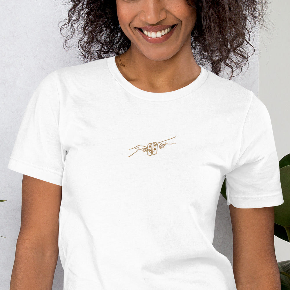 The Creation of Switch | Embroidered Unisex t-shirt | Cozy Gamer Threads and Thistles Inventory 