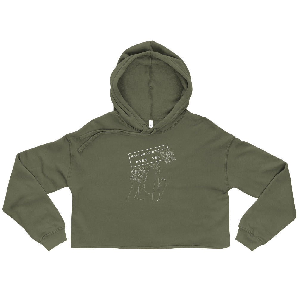 Rescue Yourself? | Crop Hoodie | Feminist Gamer Threads and Thistles Inventory Military Green S 